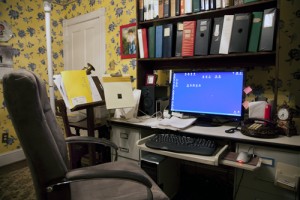 My home-office digs.  Forgive the mess, and that flocked wallpaper!  It preceded my occupancy of the room. (Carol M. Highsmith)