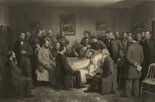 You’ll not find a legless corporal in Alexander Hay Ritchie’s famous lithograph of the Lincoln deathbed scene, completed in 1875.  (Library of Congress)