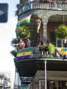 This French Quarter balcony is ready for Mardi Gras action. (Infrogmation, Flickr Creative Commons.)