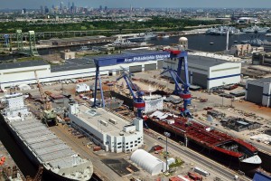 In the distance beyond Aker’s shipbuilding facilities, is a good view of the Philadelphia Skyline. (Aker Philadelphia Shipyard)