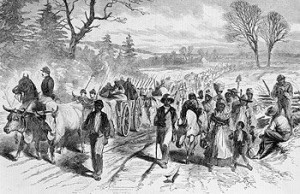 Whenever Federal troops prevailed in battle on southern soil, slaves freed from nearby plantations during the Confederate retreat streamed into Union camps.  (Library of Congress)