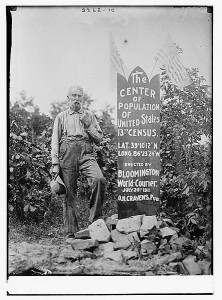 By 1910, the nation's population center had moved all the way west to the environs of Bloomington, Indiana.  (Library of Congress)