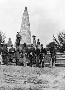 A monument to Union dead at Bull Run's TWO battles is dedicated on June 10, 1865.  (Library of Congress)