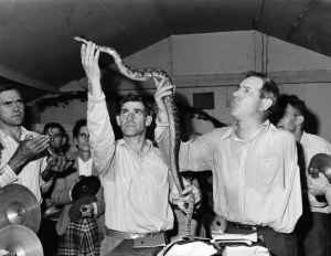 Snake handling at at Pentacostal service in the Kentucky mining town of Lejunior in 1946.  (National Archives via Wikipedia Commons)