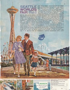 This magazine advertisement invited happy Americans to sample the Century 21 Exposition's "six wonderful months" in Seattle in 1962.  (JoeInSouthernCa, Flickr Creative Commons)