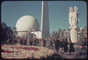 Visitors by the millions made their way to the Perisphere and "Trylon" tower at the'39 New York Fair.  (Library of Congress)
