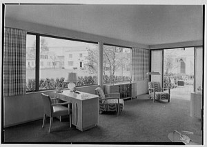 This sunny living room of the "House of Glass" at the '39 New York Expo looks a little spartan today.  But it seemed refreshingly airy and stylish to many visitors at the time.  (Library of Congress)