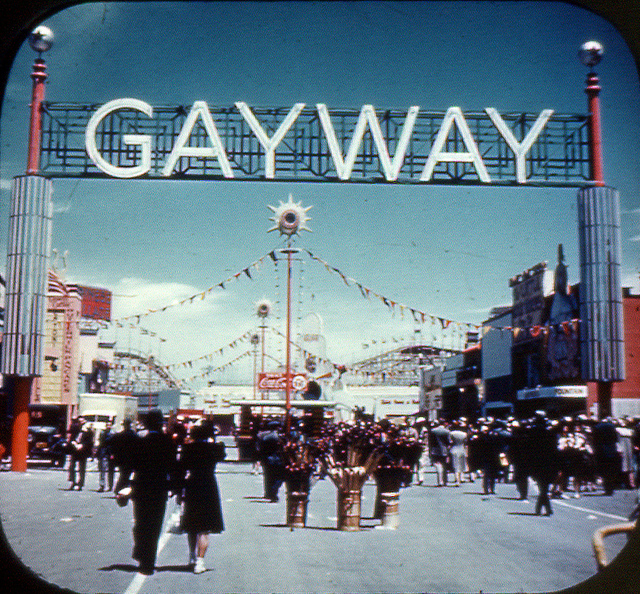 A lot of the Golden Gate fair visitors found their way to Sally Rand's emporium once they passed under this sign.  (TunnelBug, Flickr Creative Commons)