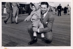 Jane was about 2 when someone snapped this photo of her and her dad on the boardwalk at Atlantic City, New Jersey.  A little later in her life, he interested her in history and politics, and they watched shows such as 'You Are There,' which included historical re-enactments.  (courtesy, Jane Friedman)