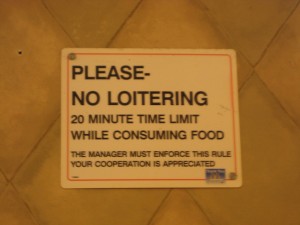 This sign was aimed at older restaurant patrons, who tend to dawdle over their meals.  Fifty years from now, managers may be thankful for their business.  (Wootang01, Flickr Creative Commons)