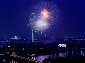 You can see three classics in Carol's fireworks shot: The U.S. Capitol (left), the Washington Monument, and the Lincoln Memorial.  (Carol M. Highsmith/PhotographsAmerica.com)