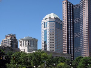 Do you think little Columbus, Indiana, would have towering buildings?  This is the Ohio Columbus, and that little rotunda-looking thing is the Ohio capitol.  (Carol M. Highsmith)