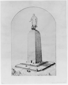 Here's a sketch of George, atop a stump: all that had been built of the Washington Monument about 1877. (Library of Congress)