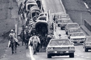 One of the Bicentennial Wagon Trains heading for Valley Forge with scrolls for an ill-fated time capsule.  (AP Photo)