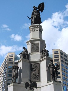 This is the Soldiers' and Sailors' Monument in its new location, minus its box of "goo."  (Dave Hogg, Wikipedia Commons)