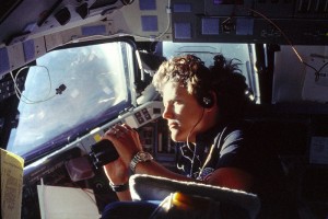 Katherine Sullivan views the earth from the Shuttle Challenger in 1984.  She looks a lot like Amelia Earhart, doesn't she?  (NASA)