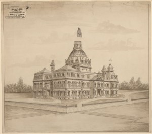 Perhaps the dome was a smidge oversized in this 1873 proposal for the new Library of Congress building by Leon Beaver of Dayton, Ohio.  (Library of Congress)