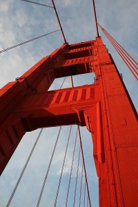 The bridge's south tower, freshly painted.  (calibas, Wikipedia Commons)