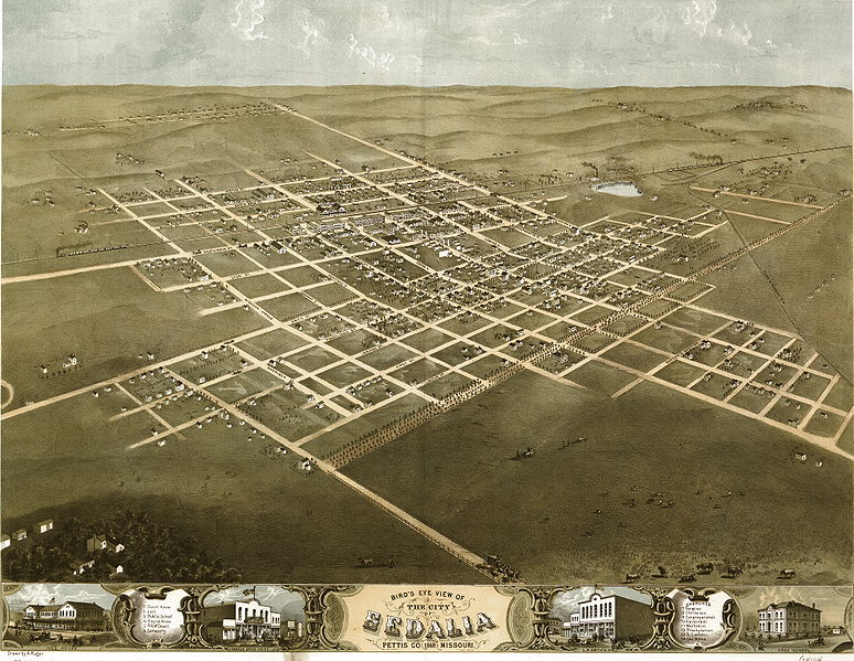 A bird's-eye view of Sedalia, drawn by panoramic artist Albert Ruger in 1869.  I wonder how he did such sketches.  From a balloon?  (Library of Congress)