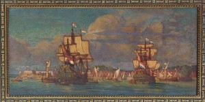 A painting, hanging in the lobby of the Alexander Hamilton Custom House in Lower Manhattan, of the bustling New Amsterdam harbor. (Carol M. Highsmith)