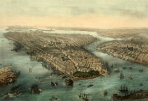 New York, then confined to Manhattan Island and a little of the Bronx, to the left. Brooklyn is front and center in this 1855 painting by Theodore Muller. (Library of Congress)