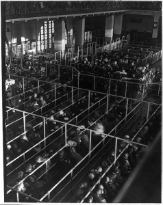Ellis's Main Hall's chutes in which newcomers lined up for inspection resembled pens at a livestock feedlot.  (Library of Congress)