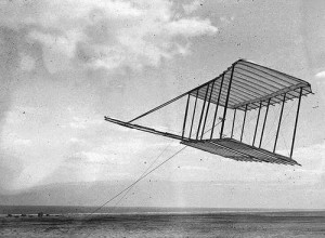 The Wrights' first glider, shown tethered in 1900.  (Library of Congress)