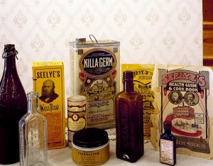 The house displays a number of Seelye's "snake oil" potions, guaranteed to cure what ails you, no matter what it is.  (Carol M. Highsmith)