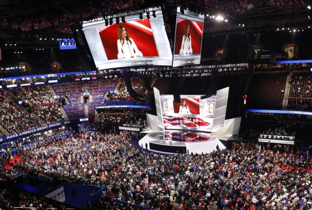 Melania Trump, wife of Republican U.S. presidential candidate Donald Trump, speaks at the Republican National Convention in Cleveland, Ohio, U.S. July 18, 2016. REUTERS/Aaron P. Bernstein - RTSIMJ8