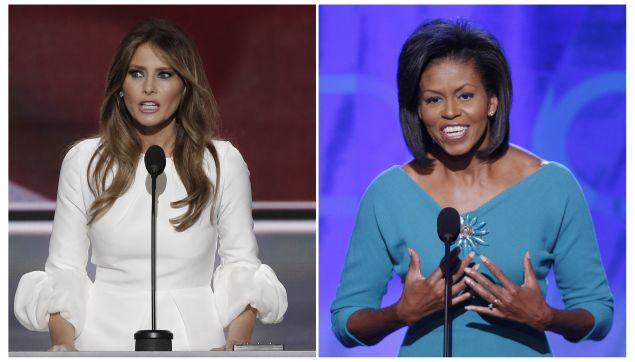 Melania Trump (L), wife of Republican U.S. presidential candidate Donald Trump, speaks at the Republican National Convention in Cleveland, Ohio, U.S. July 18, 2016 and Michelle Obama addresses the opening session of the 2008 Democratic National Convention in Denver, Colorado August 25, 2008 in a combination of file photos. REUTERS/Mike Segar/File Photos TPX IMAGES OF THE DAY - RTSIP4X