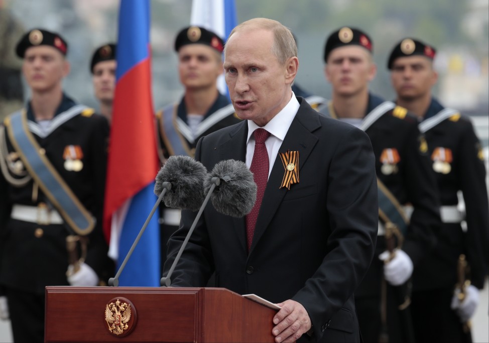 Russian President Vladimir Putin speaks at a navy parade marking the Victory Day in Sevastopol, Crimea on May 9, 2014. (AP)