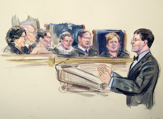 Sketch shows former Michigan Solicitor General John Bursch defending state laws during a Supreme Court hearing on same-sex marriage on April 28, 2015. Justices from left are, Sonia Sotomayor, Stephen Breyer, Antonin Scalia,, Ruth Bader Ginsburg, Samuel Alito Jr. and Elena Kagan. (AP)