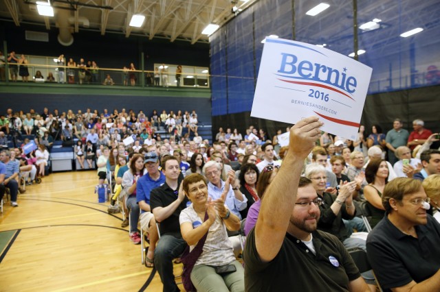 A supporter holds a sign during town hall meeting for Democratic presidential candidate, Sen. Bernie Sanders, I-Vt., at Nashua Community College in Nashua, N.H. on June 27, 2015. (AP)