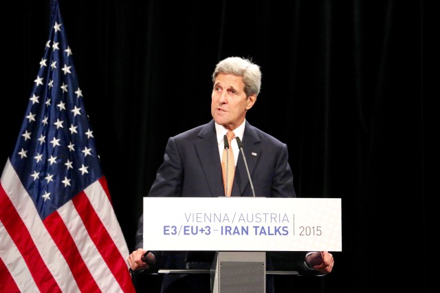 US Secretary of State John Kerry explains nuclear deal with Iran in Vienna July 14 (VOA) 