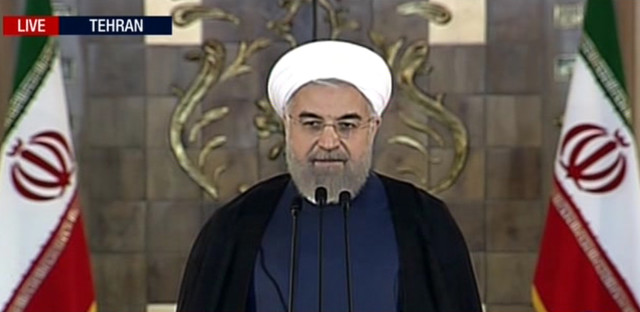 This image made from video broadcast on Press TV, Iran's English language state-run channel shows President Hassan Rouhani making a statement following announcement of the Iran nuclear deal on July 14, 2015 in Tehran. (AP)