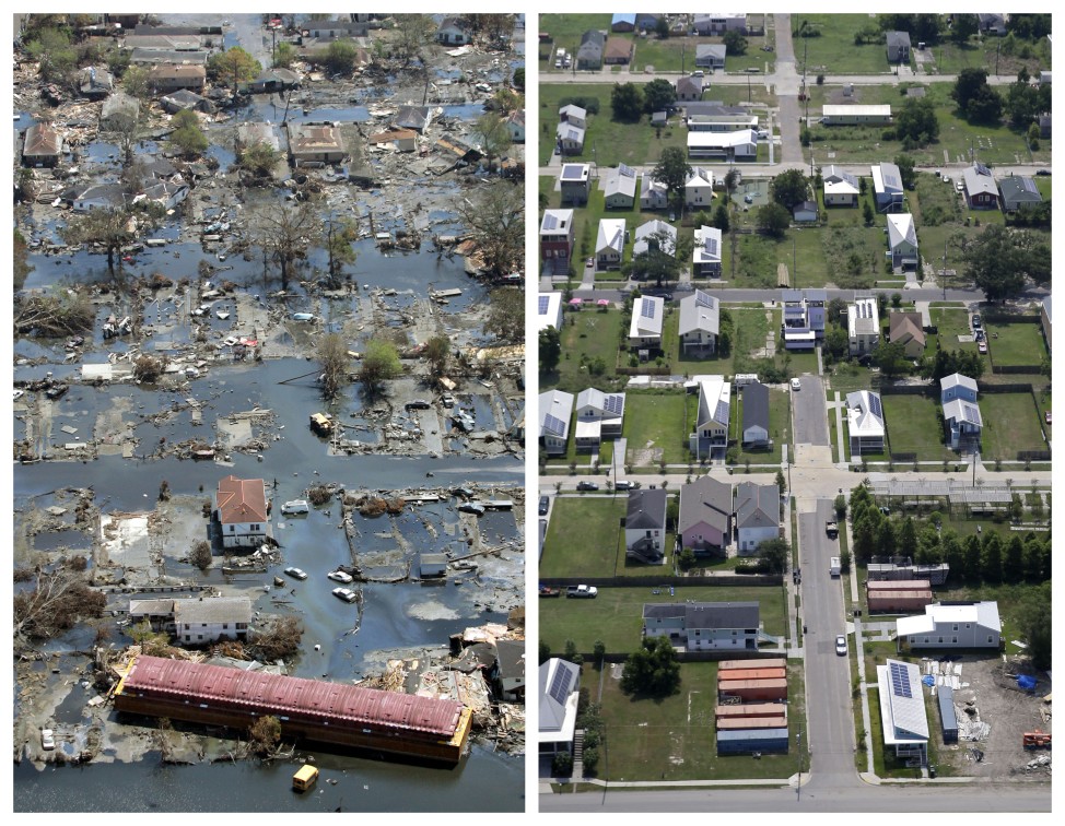 This combination of Sept. 11, 2005 and July 29, 2015 aerial photos show the Lower Ninth Ward of New Orleans flooded by Hurricane Katrina and the same area a decade later. (AP)