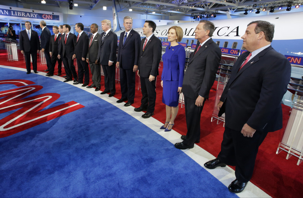 Republican presidential candidates, from left, former Pennsylvania Sen. Rick Santorum, former New York Gov. George Pataki,  Sen. Rand Paul, R-Ky., former Arkansas Gov. Mike Huckabee, Sen. Marco Rubio, R-Fla., Sen. Ted Cruz, R-Texas, retired neurosurgeon Ben Carson, businessman Donald Trump, former Florida Gov. Jeb Bush, Wisconsin Gov. Scott Walker, businesswoman Carly Fiorina, Ohio Gov. John Kasich, and New Jersey Gov. Chris Christie take the stage during the CNN Republican presidential debate at the Ronald Reagan Presidential Library and Museum on Sept. 16, 2015 in Calif. (AP) 