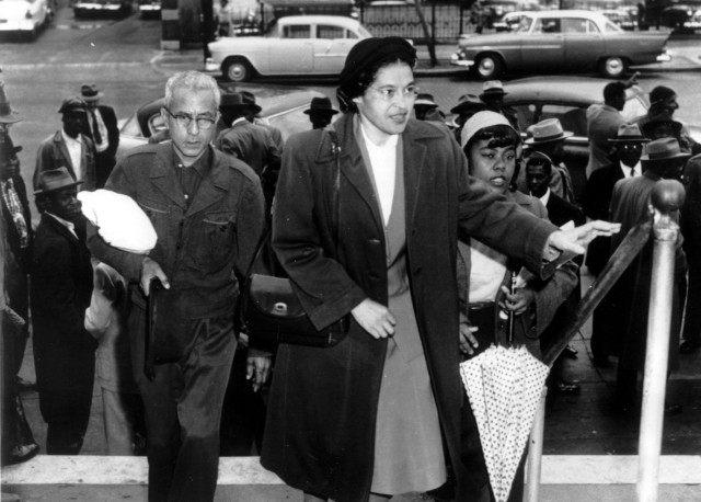 Rosa Parks arrives at circuit court to be arraigned in the racial bus boycott, Feb. 24, 1956 in Montgomery, Ala.  (AP)