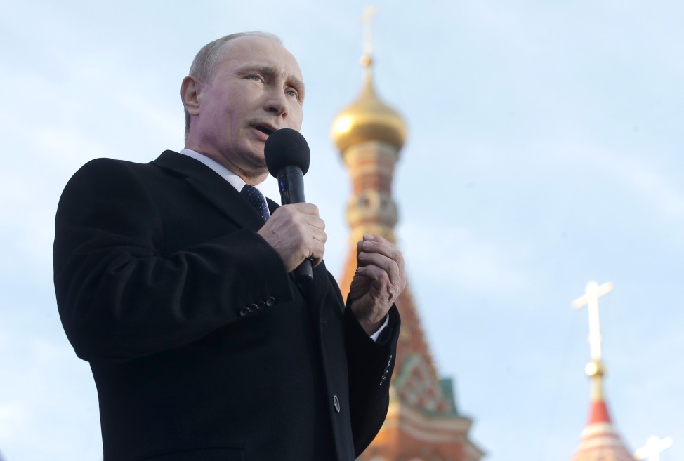 Russian President Vladimir Putin speaks at a rally marking the one year anniversary of the annexation of Crimea outside the Kremlin on March 18, 2015. (AP)