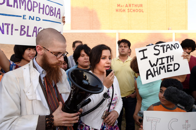 Aisha U-kiu, president of American Muslim Professionals of Dallas, speaks at a prayer vigil in support of Ahmed Mohamed on Sept. 17, 2015 in Irving, Texas.  