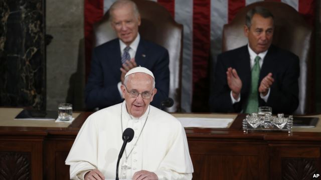 Pope Francis addresses a joint meeting of Congress on Capitol Hill in Washington, Sept. 24, 2015 making history as the first pope to do so. (AP) 