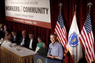 President Barack Obama speaks at the Greater Boston Labor Council Labor Day Breakfast in Boston on Labor Day, Sept. 7, 2015. (Reuters) 