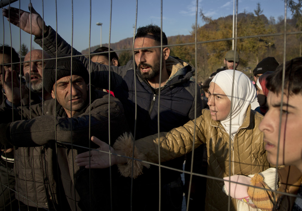 Migrants held in Sentilj, Slovenia are pictured before being allowed to cross the border into Austria on Nov. 5, 2015. (AP)