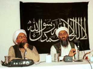 In this 1998 file photo (released in May 2004), Ayman al-Zawahri, left, holds a press conference with al-Qaida leader Osama bin Ladin. (AP)