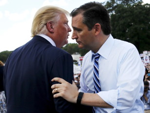 Sen. Ted Cruz greets fellow republican presidential candidate Donald Trump onstage as they address a Tea Party rally against the Iran nuclear deal at the U.S. Capitol, Sept. 9, 2015. REUTERS