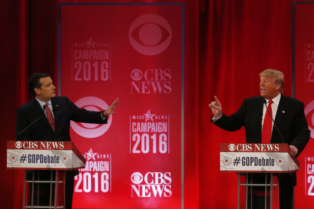 Republican presidential candidate Sen. Ted Cruz, R-Texas and Republican presidential candidate Donald Trump participate during a debate on Feb. 13, 2016 in Greenville, South Carolina. (AP)