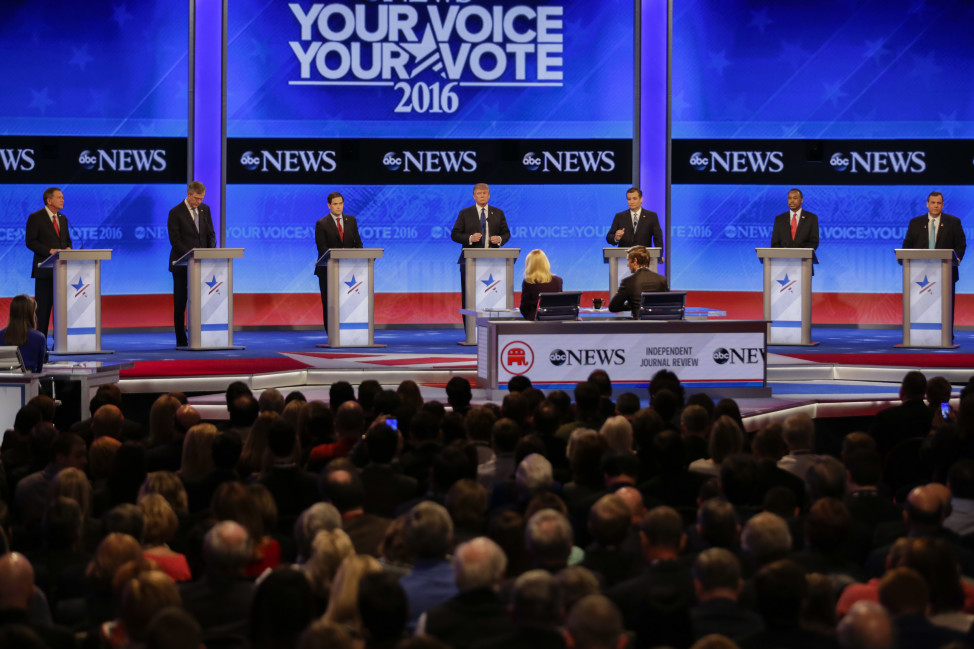 Republican presidential candidates, Ohio Gov. John Kasich, former Florida Gov. Jeb Bush, Sen. Marco Rubio, R-Fla., businessman Donald Trump, Sen. Ted Cruz, R-Texas, retired neurosurgeon Ben Carson and New Jersey Gov. Chris Christie (L-R) line up on the stage at the beginning of a Republican presidential primary debate on Feb. 6, 2016 in Manchester, N.H. (AP)