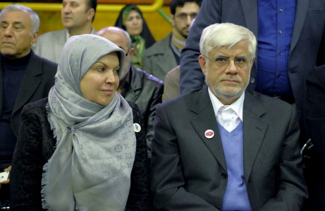 Iranian former vice-president Mohammad Reza Aref and his wife Hamideh Moravvej Farshi attend a reformist campaign for upcoming parliamentary election, in Tehran February 18, 2016. REUTERS