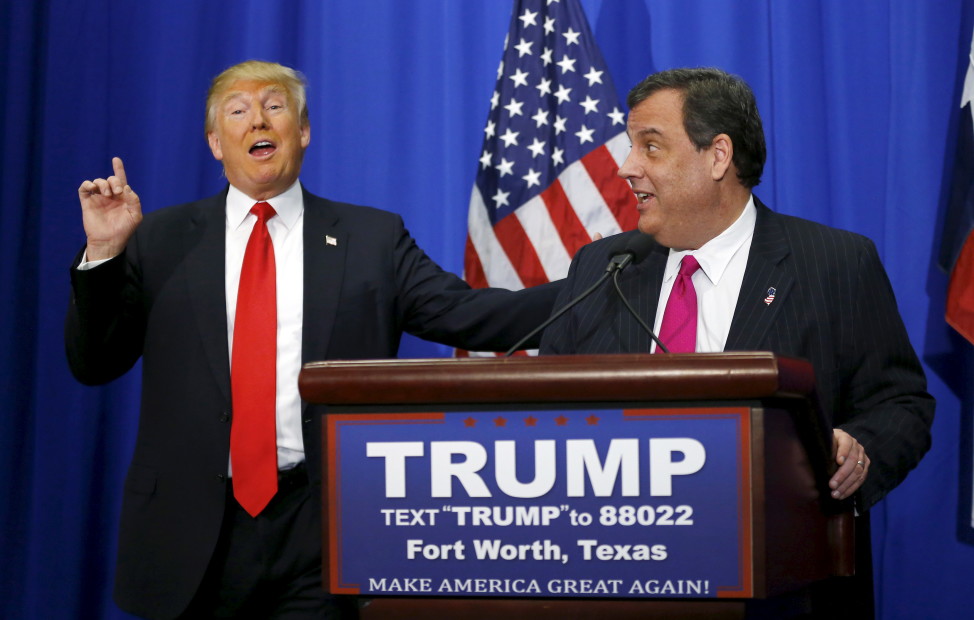 Republican presidential candidate Donald Trump (L) speaks next to New Jersey Governor Chris Christie (R) at a campaign rally where Christie endorsed Trump's candidacy for president, in Fort Worth, Texas on Feb. 26, 2016. (Reuters)