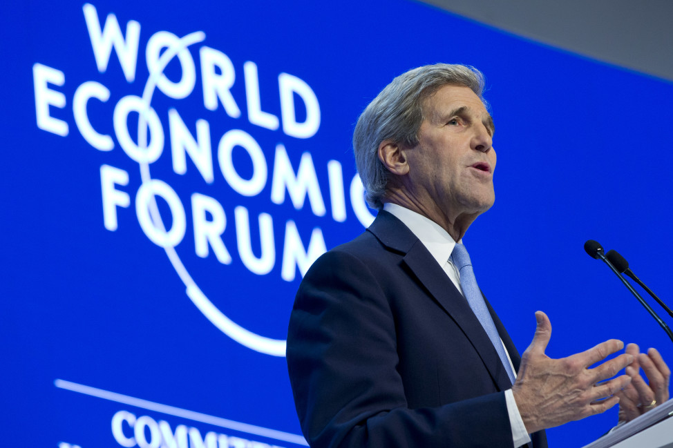 Secretary of State John Kerry delivers a speech at the World Economic Forum in Davos, Switzerland on Jan. 22, 2016.
